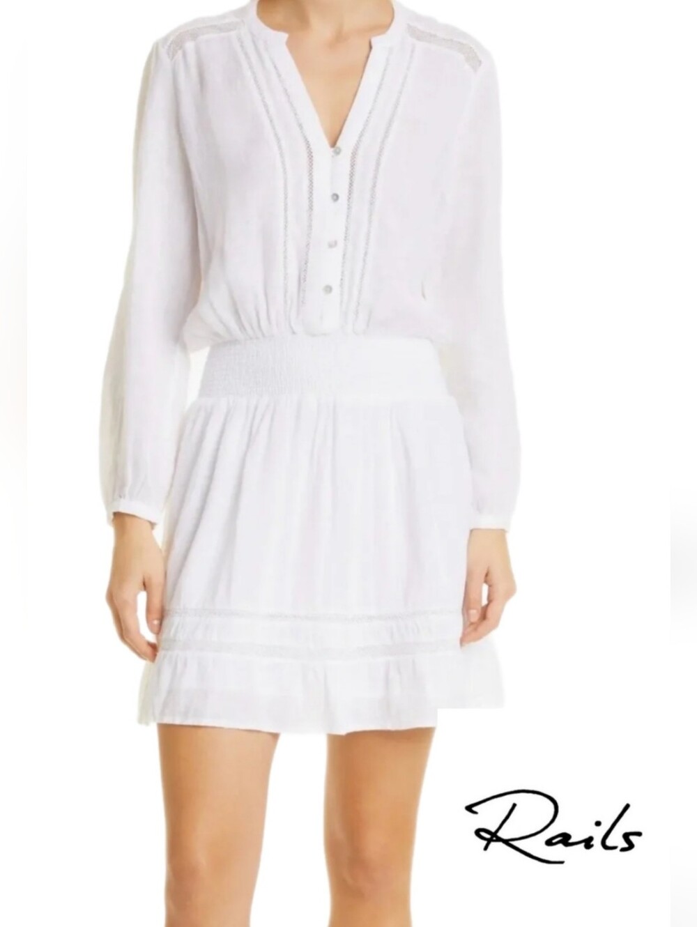 Rails White Jasmine Long Sleeve Button-Front Tiered Dress